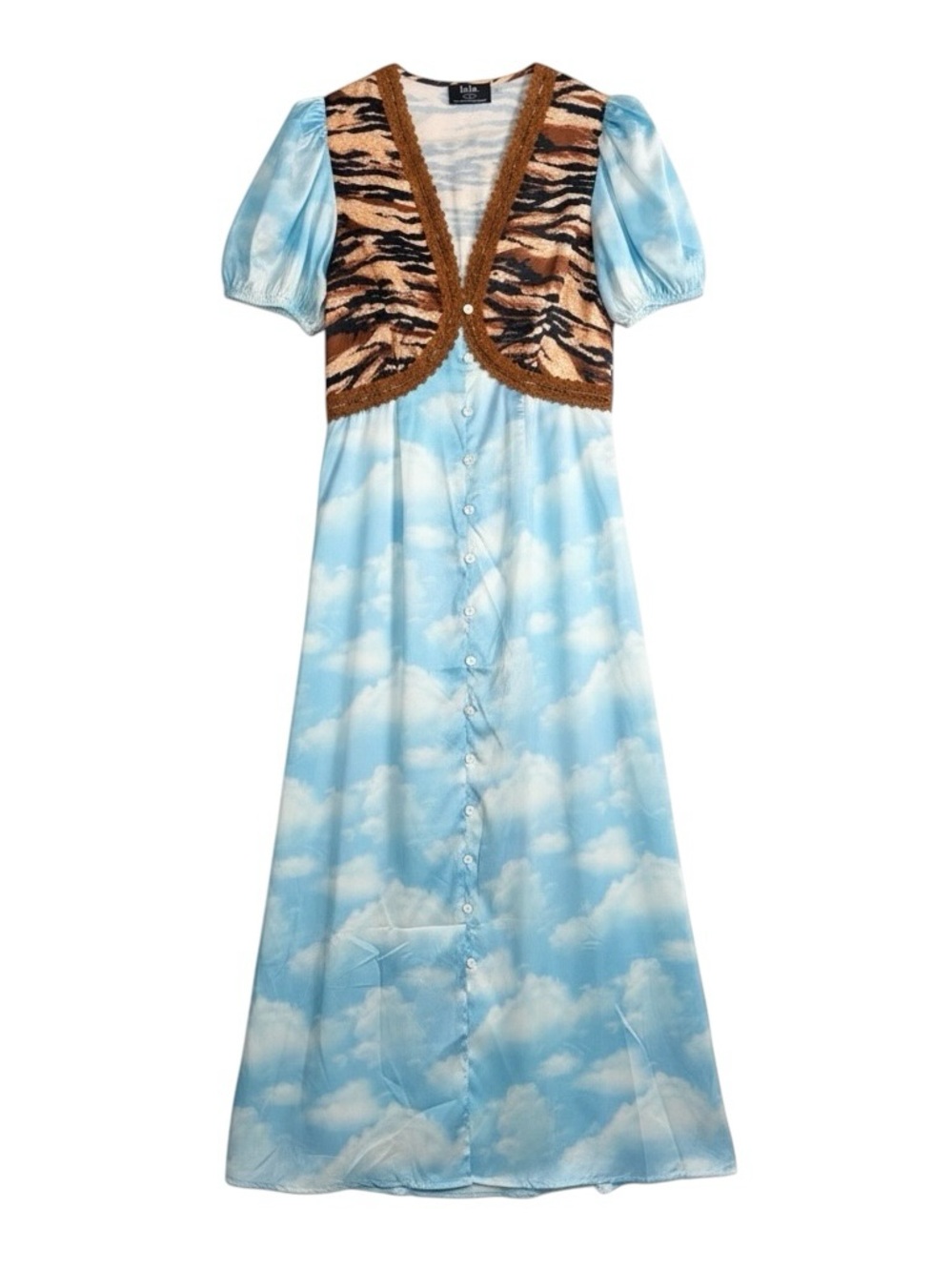 Dressed In Lala Serendipitous Satin Maxi Dress Cloud Tiger Print NWT Size Small
